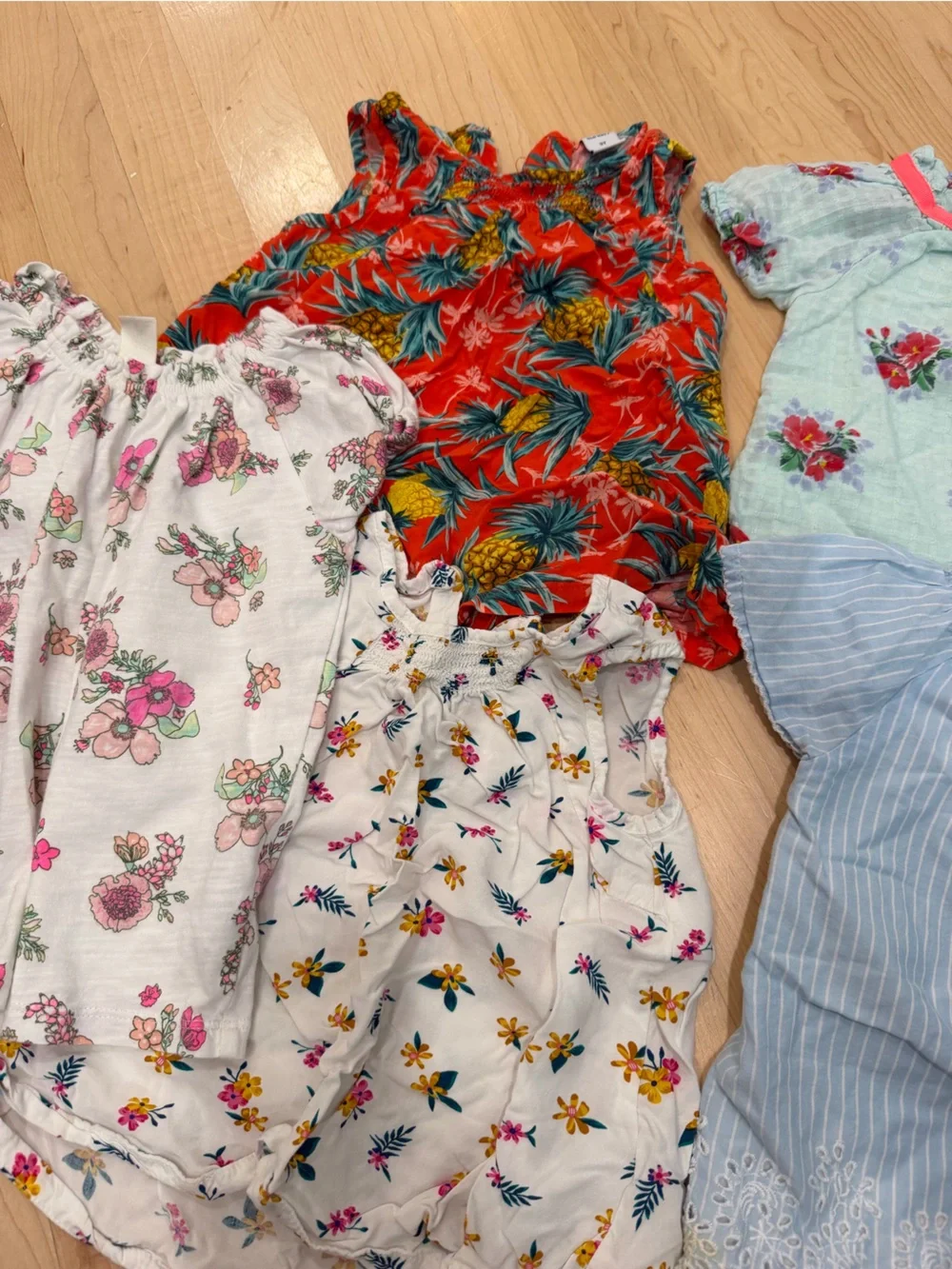 Toddler Girls Floral & Striped Top Lot - Red, Light Blue, White, Mint